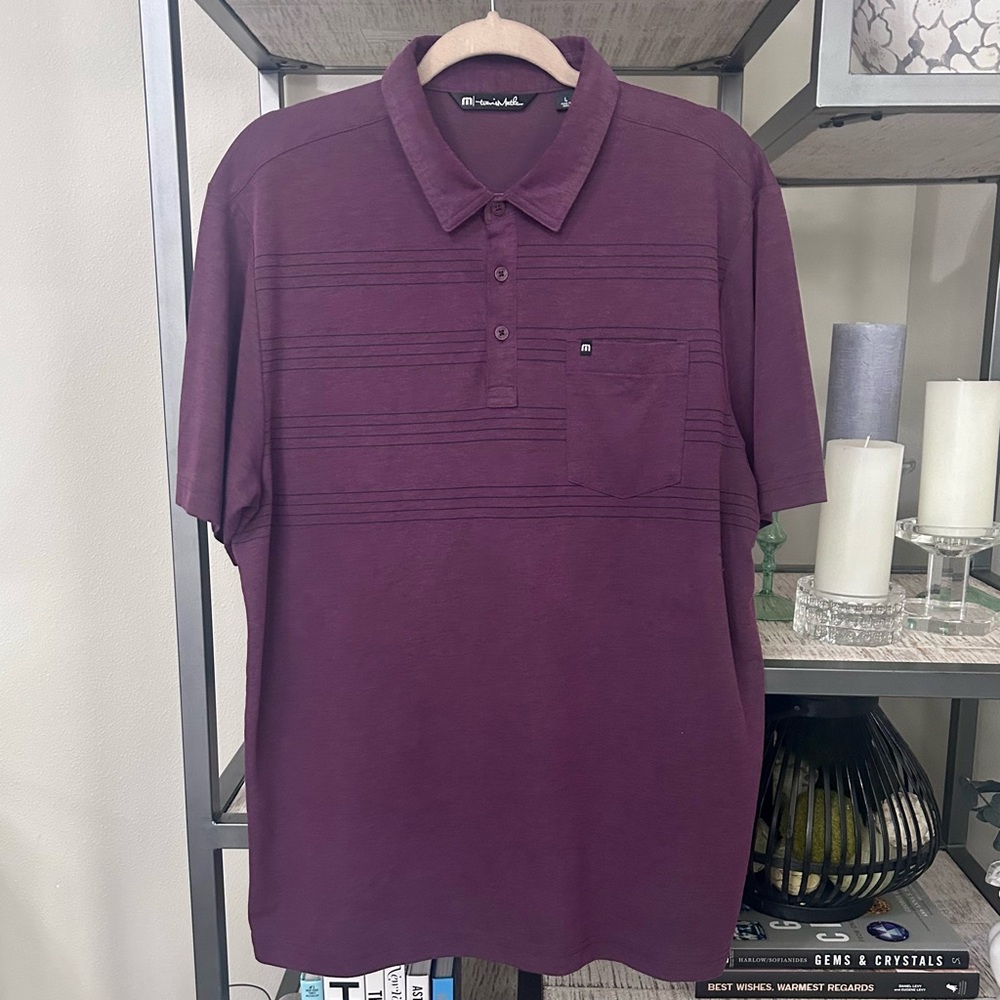 Travis Mathew Men’s golf shirt dark elderberry with black stripes size L…
